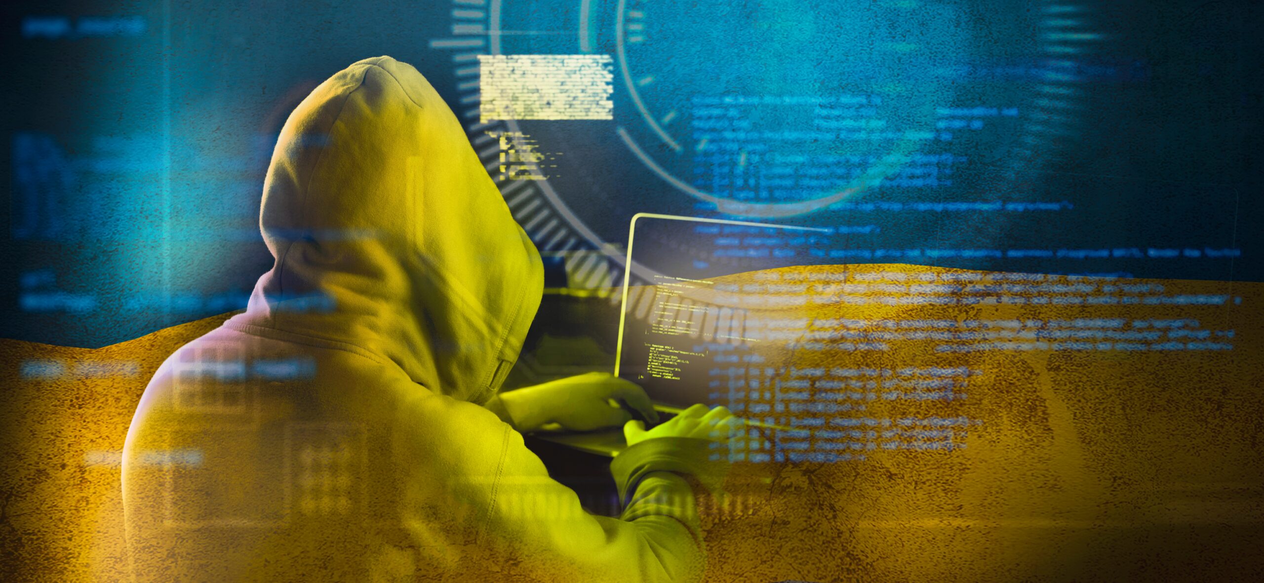 impressionistic image of a hacker in a hoodie, busily attacking a network.