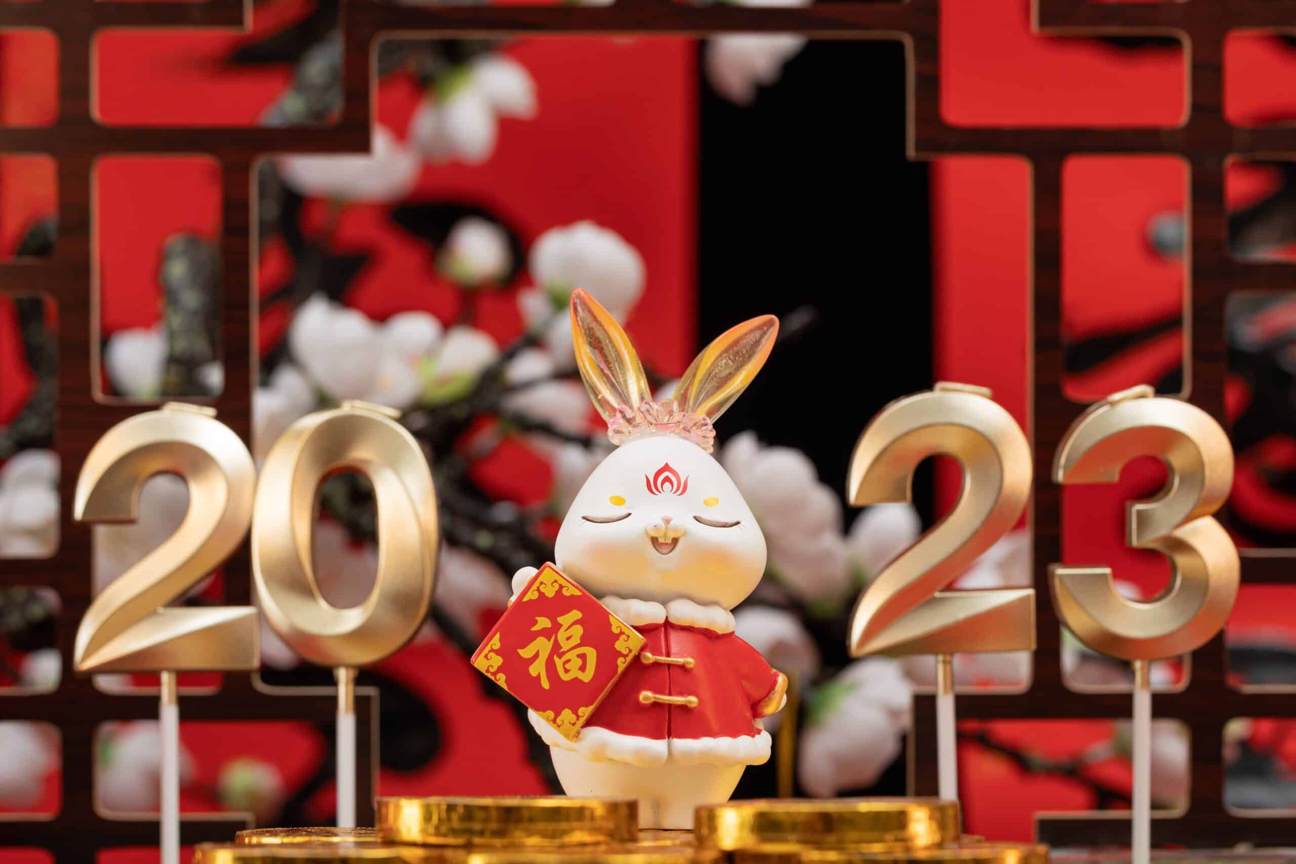A display for Chinese New Year shows the year 2023 and a happy rabbit statue.