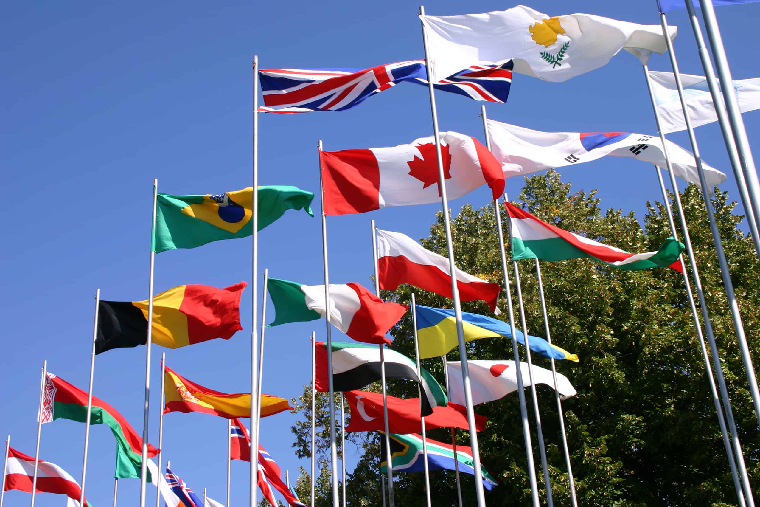 The flags of many different countries, flying in blue sky.